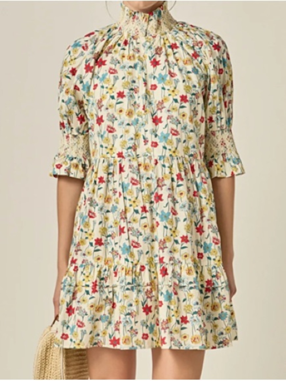English Factory Cream Floral Smocked Mini Dress with Red & Blue Flowers